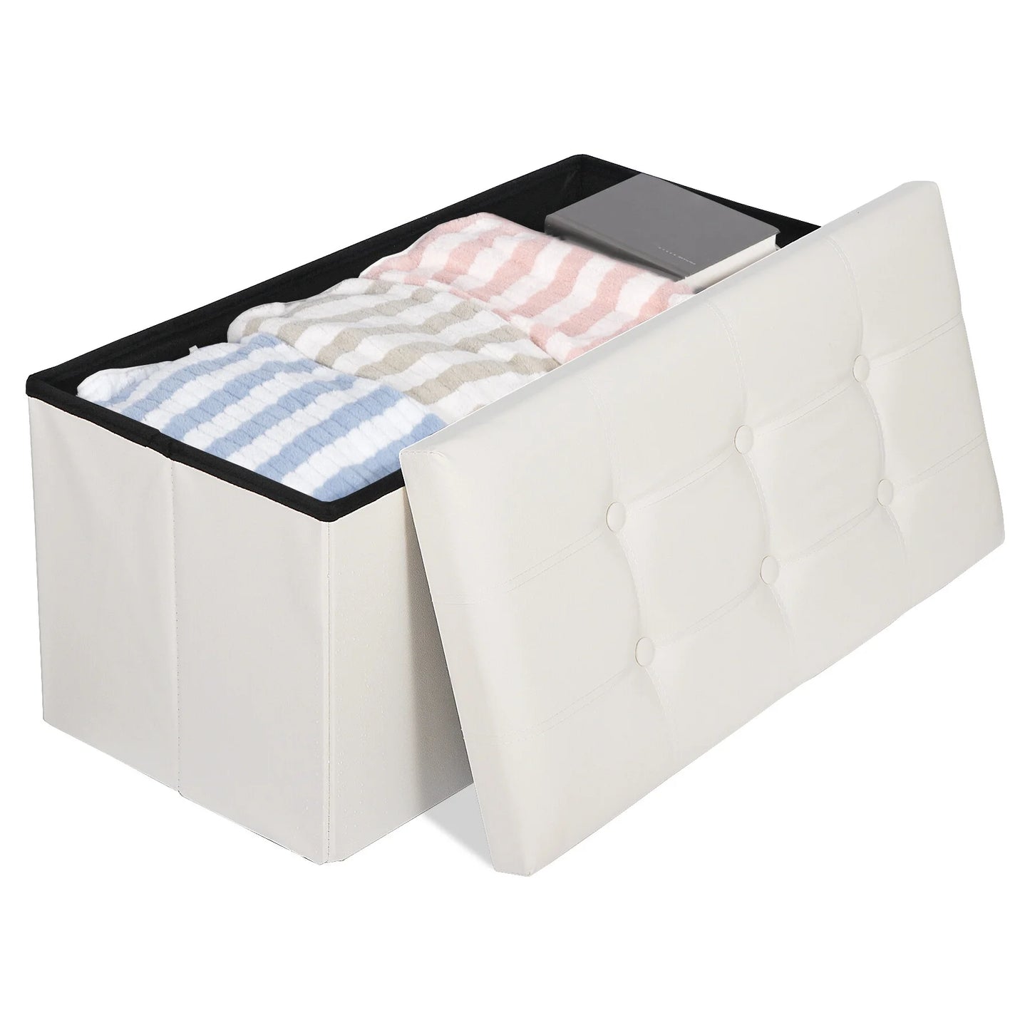 30" Ottoman Storage Bench Folding Footrest Stool Sponge Padded Seat W/ Lid White