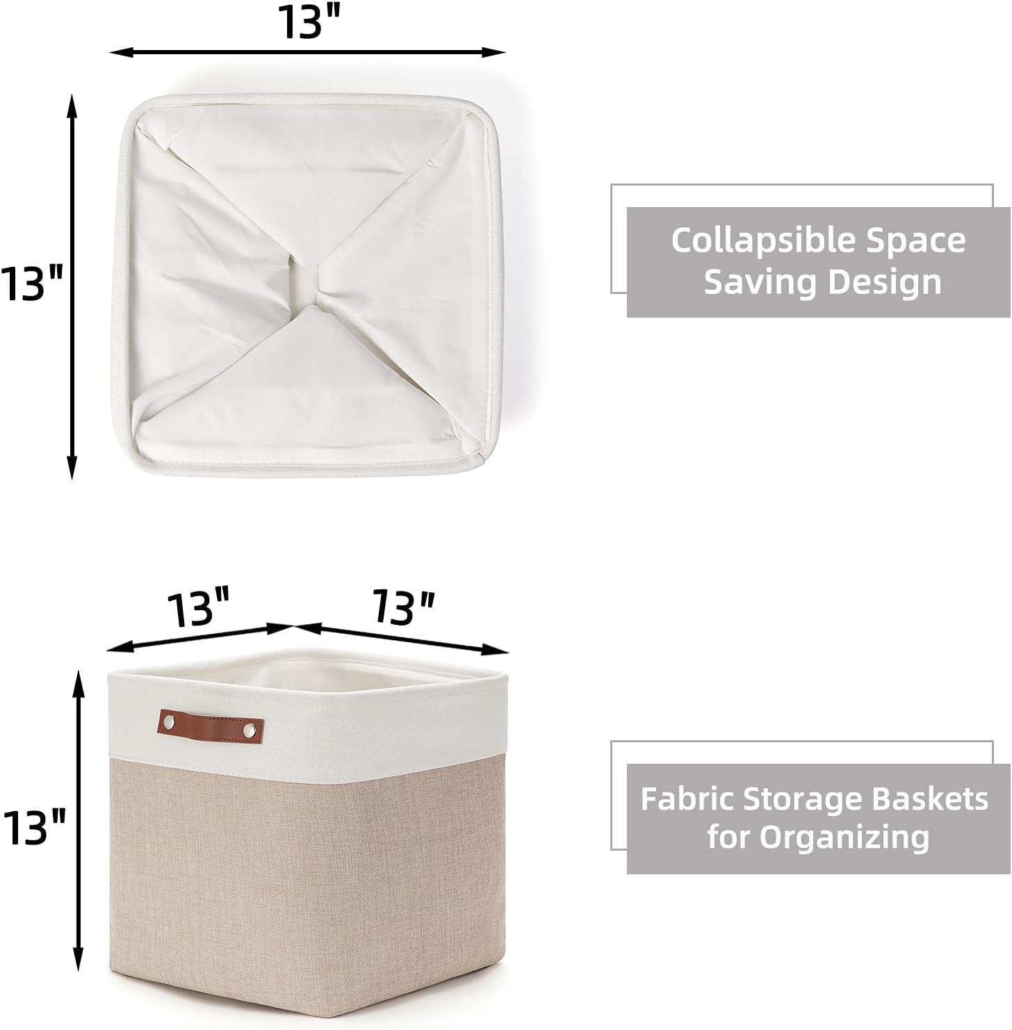 Cube Storage Baskets for Shelves Foldable Storage Baskets(3 Pack) Cube Storage Bin,13 Inch Storage Basket for Organizing with Leather Handles for Toys, Clothes, Kids, Closet (White&Beige)