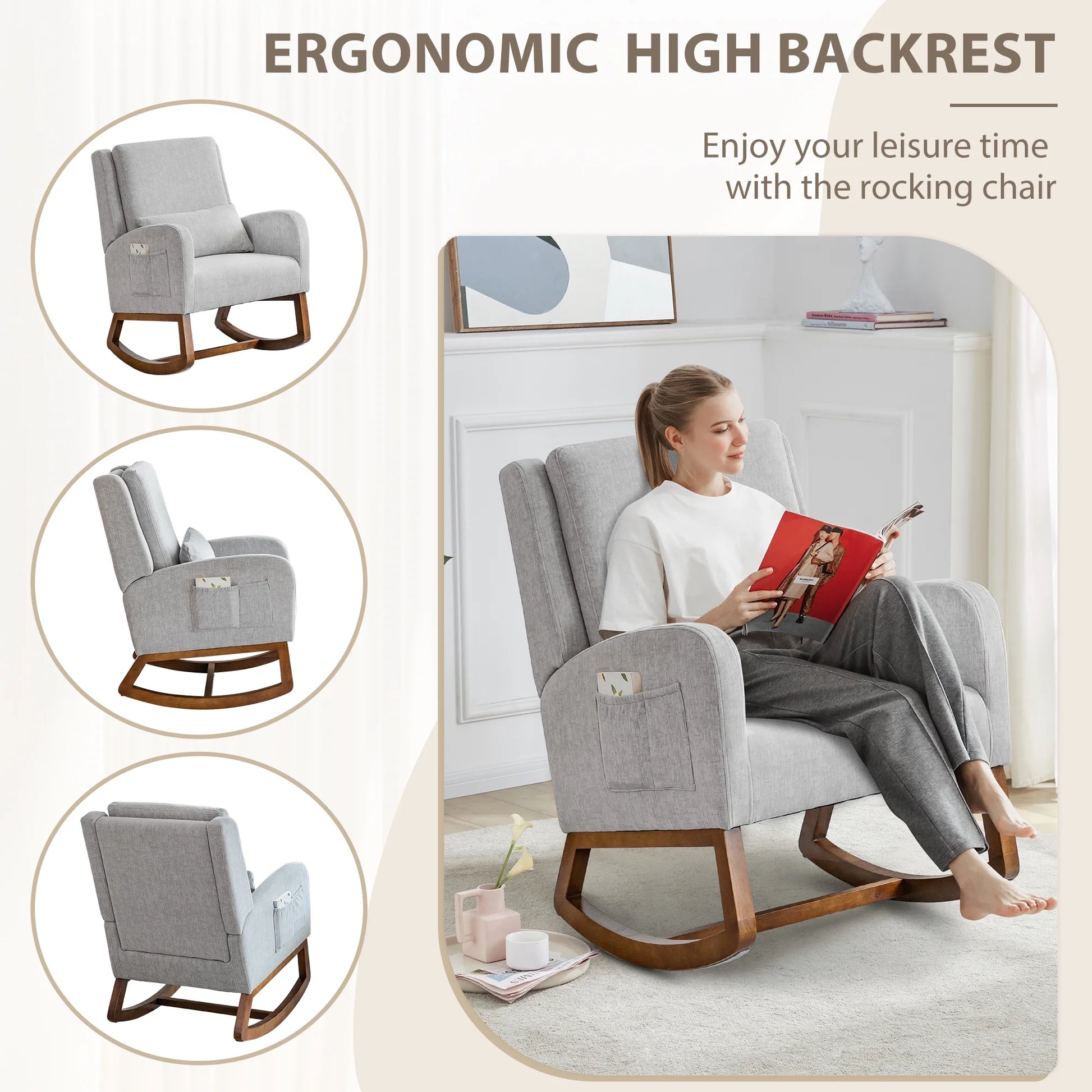 Grey Upholstered Modern Glider Rocking Chair with Pillow and High Back Padded Seat