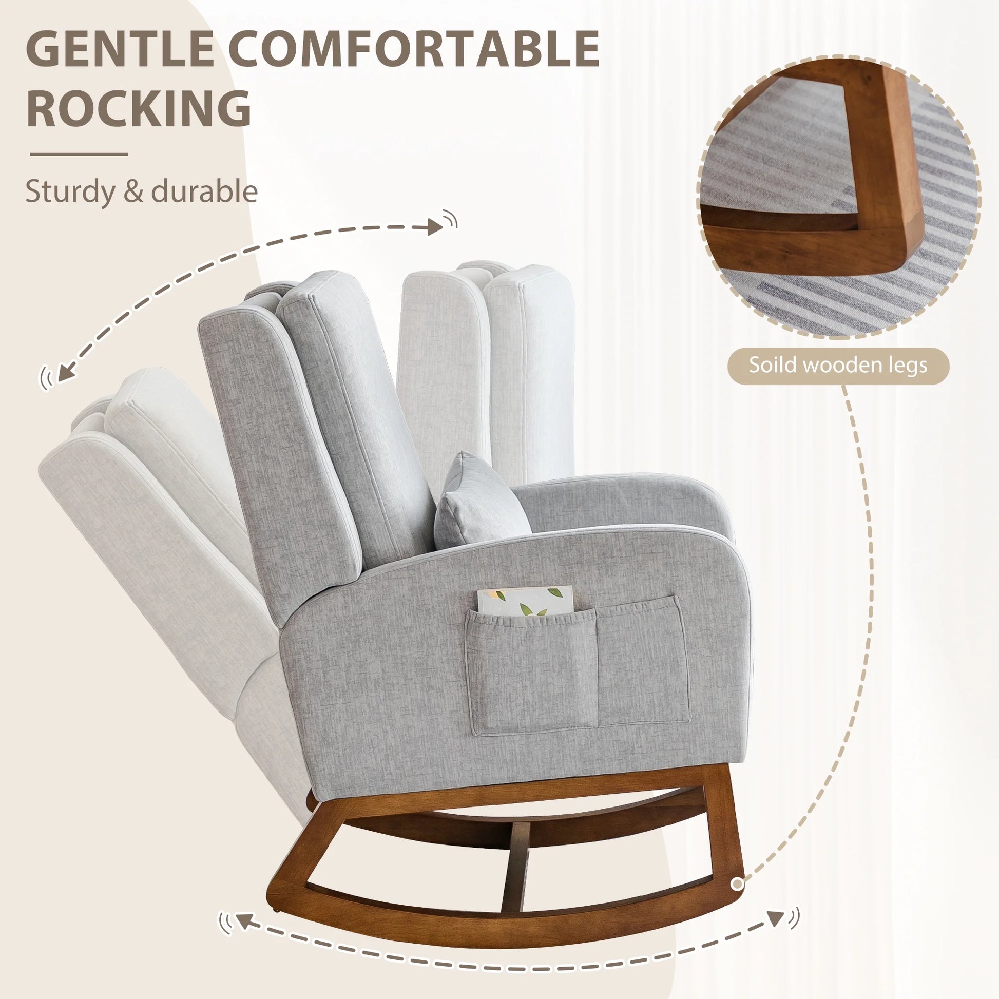 Grey Upholstered Modern Glider Rocking Chair with Pillow and High Back Padded Seat
