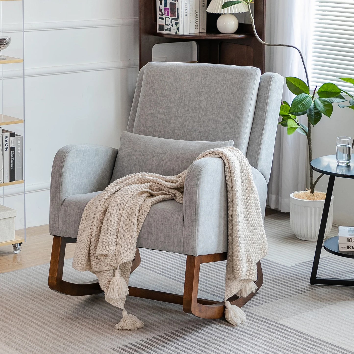 Grey Upholstered Modern Glider Rocking Chair with Pillow and High Back Padded Seat
