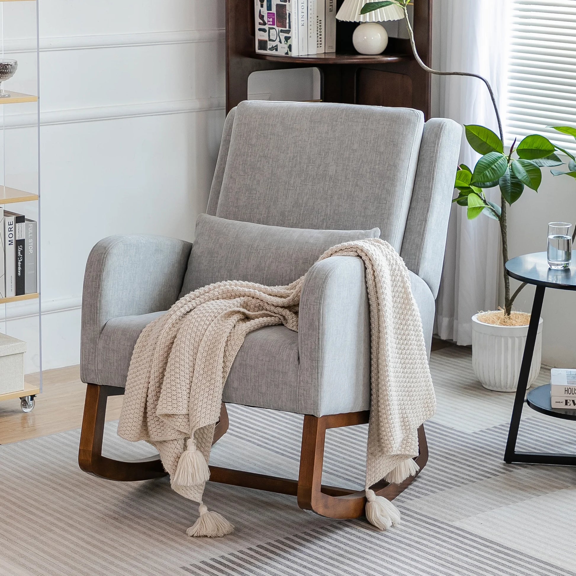 Grey Upholstered Modern Glider Rocking Chair with Pillow and High Back Padded Seat