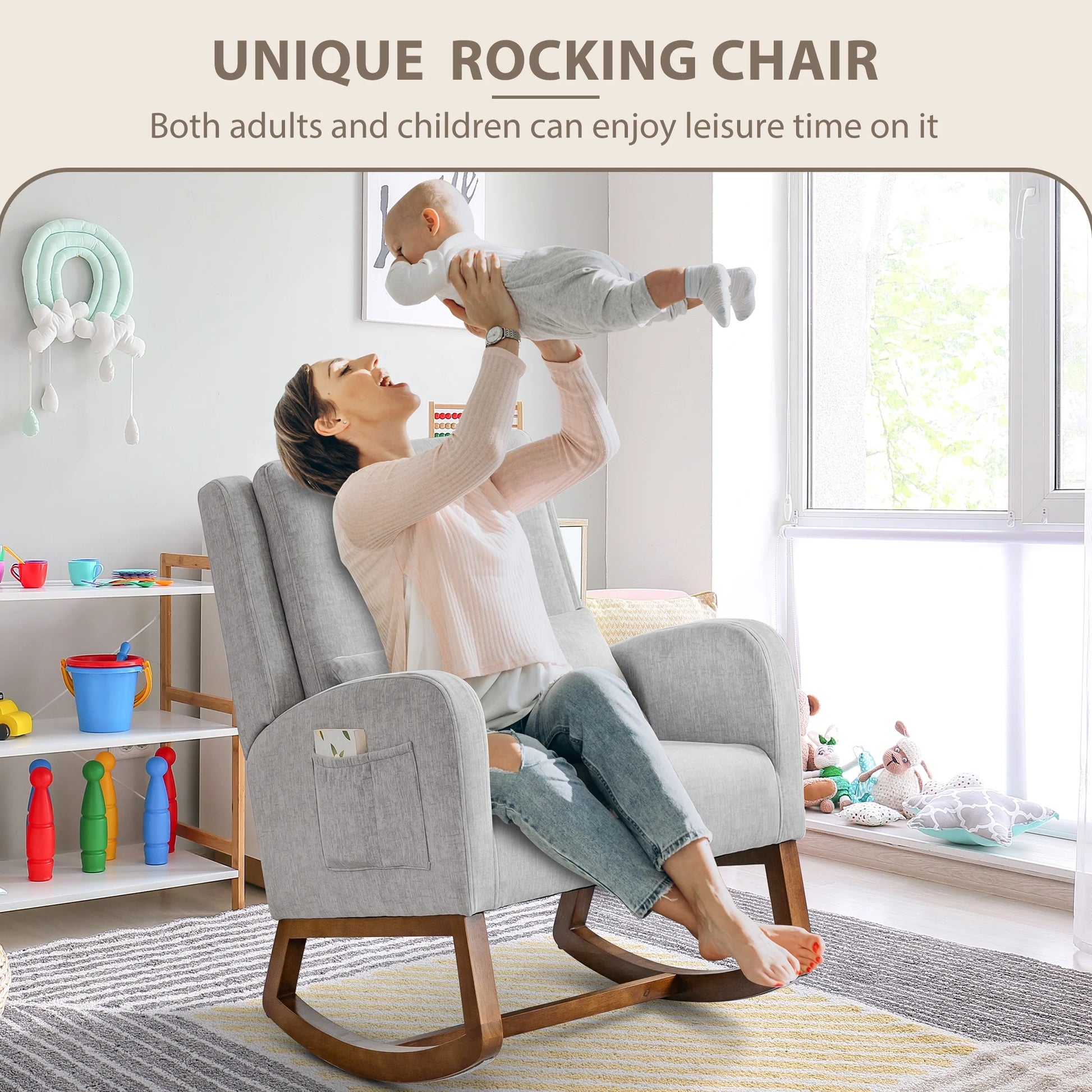 Grey Upholstered Modern Glider Rocking Chair with Pillow and High Back Padded Seat
