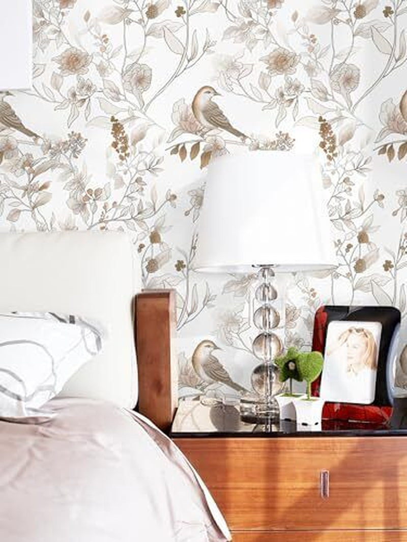 Peel and Stick Wallpaper, 17.3''X78.7'' Floral Bird 17.3" X 78.7" Brown