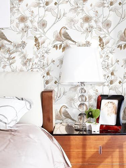 Peel and Stick Wallpaper, 17.3''X78.7'' Floral Bird 17.3" X 78.7" Brown