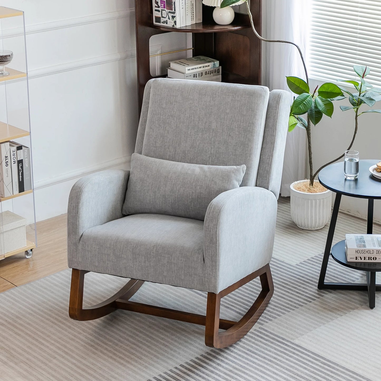 Grey Upholstered Modern Glider Rocking Chair with Pillow and High Back Padded Seat