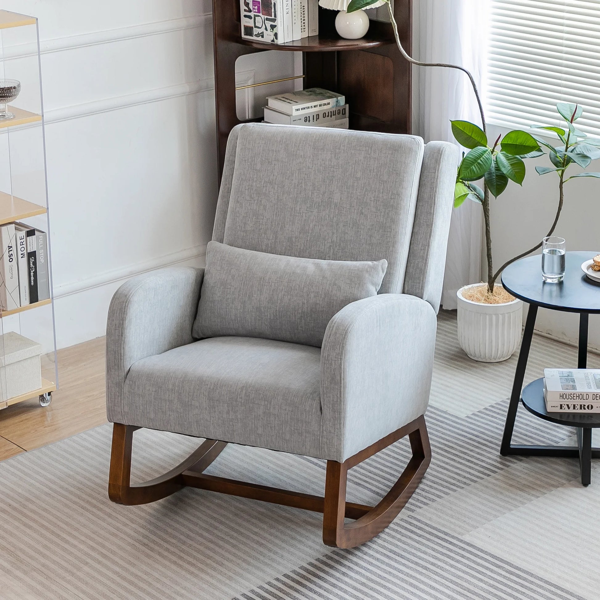Grey Upholstered Modern Glider Rocking Chair with Pillow and High Back Padded Seat