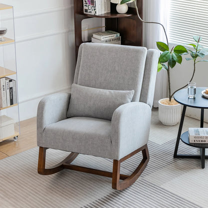 Grey Upholstered Modern Glider Rocking Chair with Pillow and High Back Padded Seat