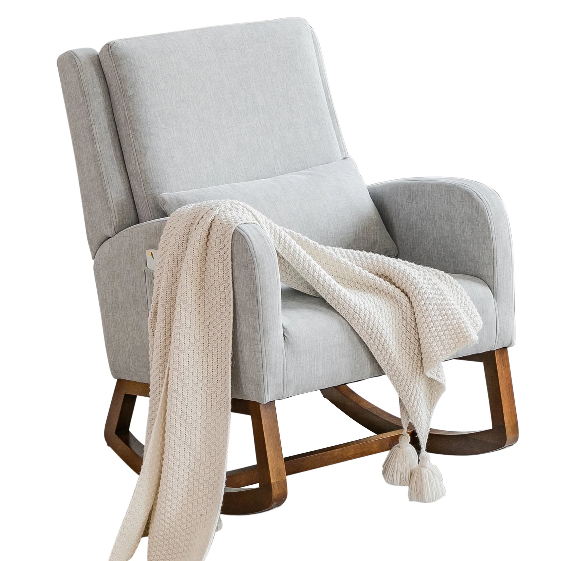 Grey Upholstered Modern Glider Rocking Chair with Pillow and High Back Padded Seat
