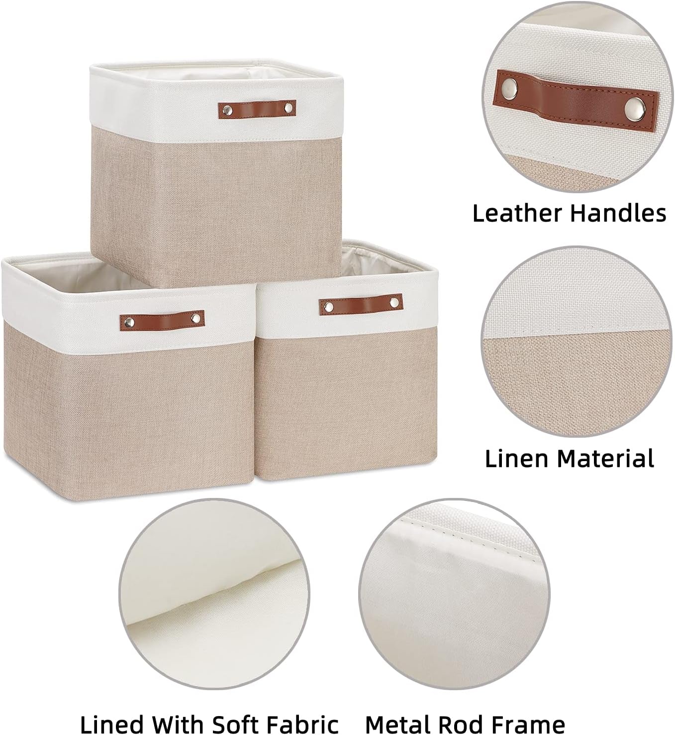 Cube Storage Baskets for Shelves Foldable Storage Baskets(3 Pack) Cube Storage Bin,13 Inch Storage Basket for Organizing with Leather Handles for Toys, Clothes, Kids, Closet (White&Beige)
