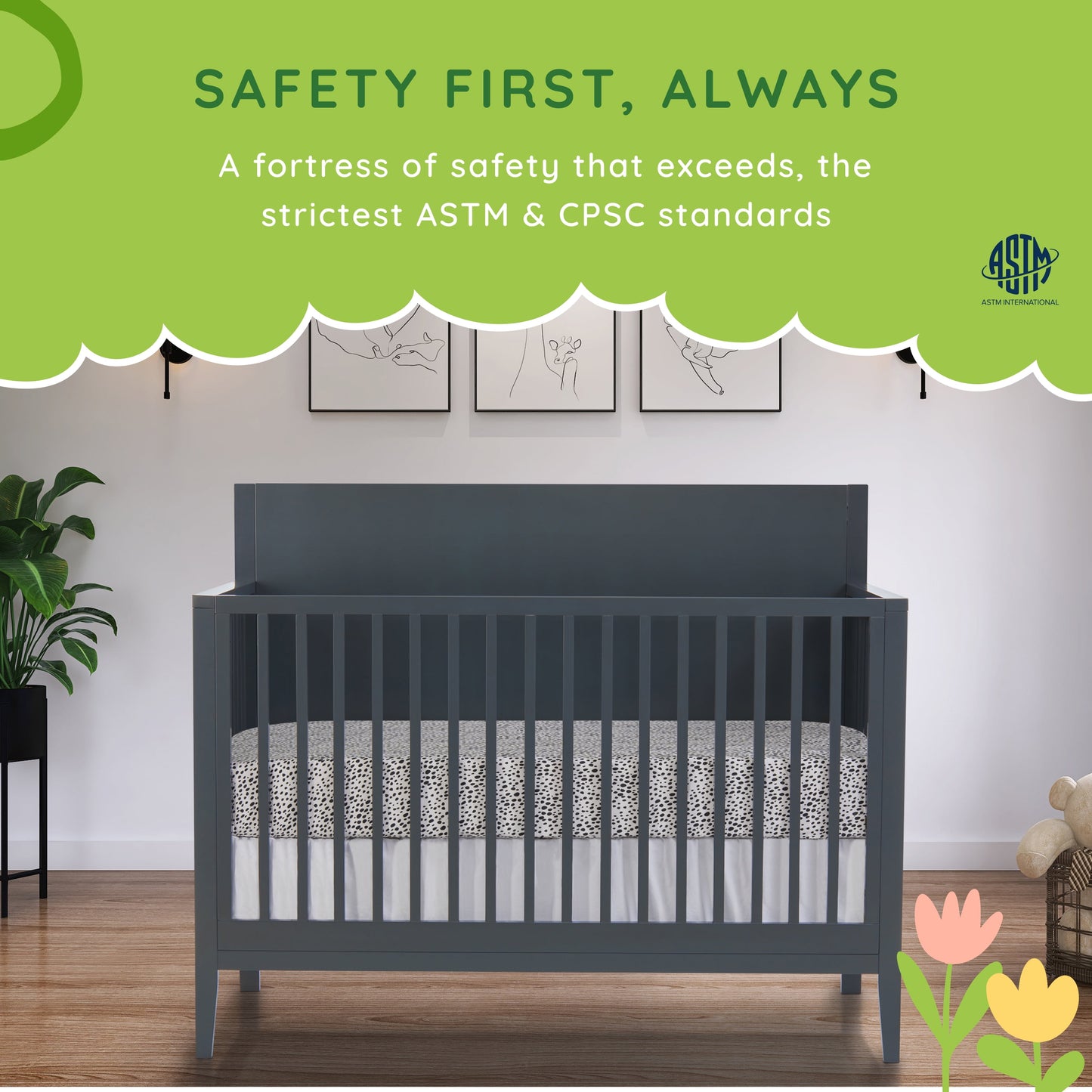 Sedona 3-In-1 Convertible Crib, New Zealand Pinewood, Non-Toxic Finish, Carbon