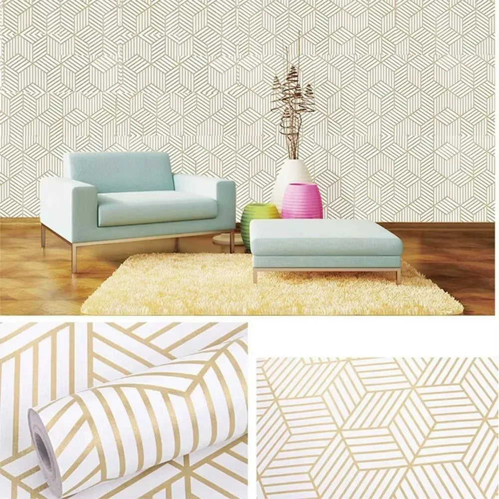 45Cm (17.7 inches) Peel and Stick Decorative Wall Paper Wall Sticker in Gold and White Geometry