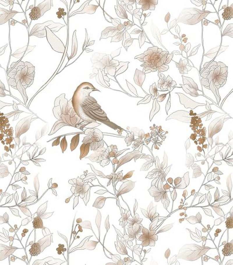 Peel and Stick Wallpaper, 17.3''X78.7'' Floral Bird 17.3" X 78.7" Brown