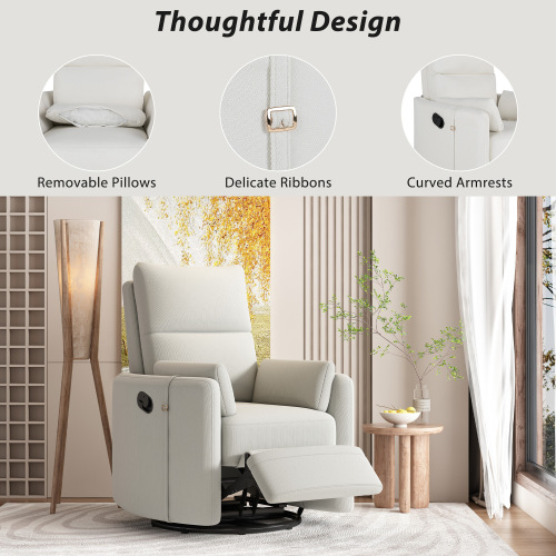 Upholstered Swivel Recliner Manual Rocker Recliner Chair Baby Nursery Chair with Two Removable Pillows for Living Room