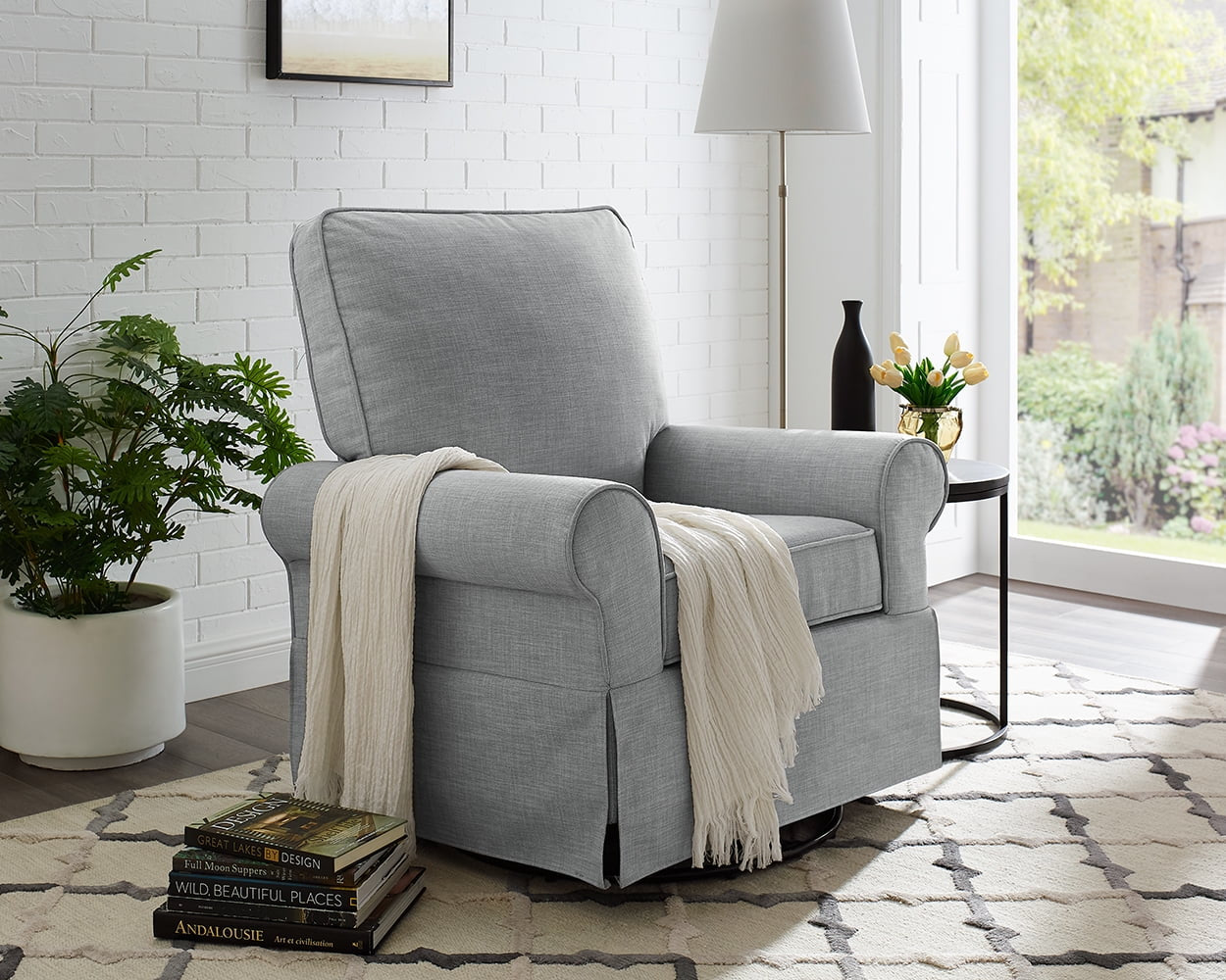 Natalie Upholstered Swivel Glider, Gray Fabric