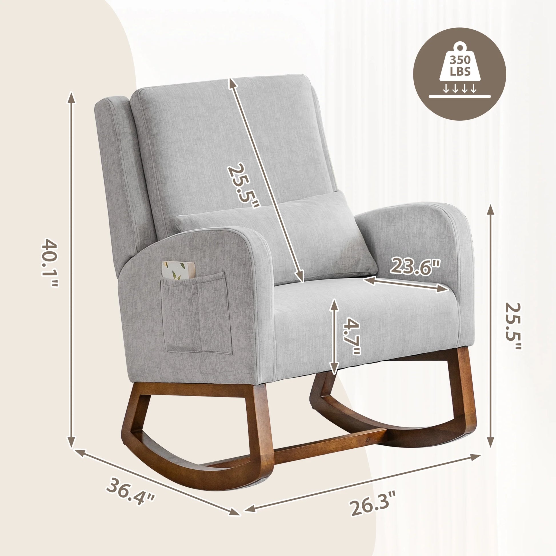 Grey Upholstered Modern Glider Rocking Chair with Pillow and High Back Padded Seat