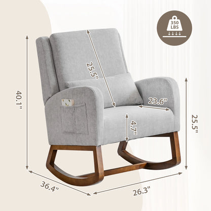 Grey Upholstered Modern Glider Rocking Chair with Pillow and High Back Padded Seat