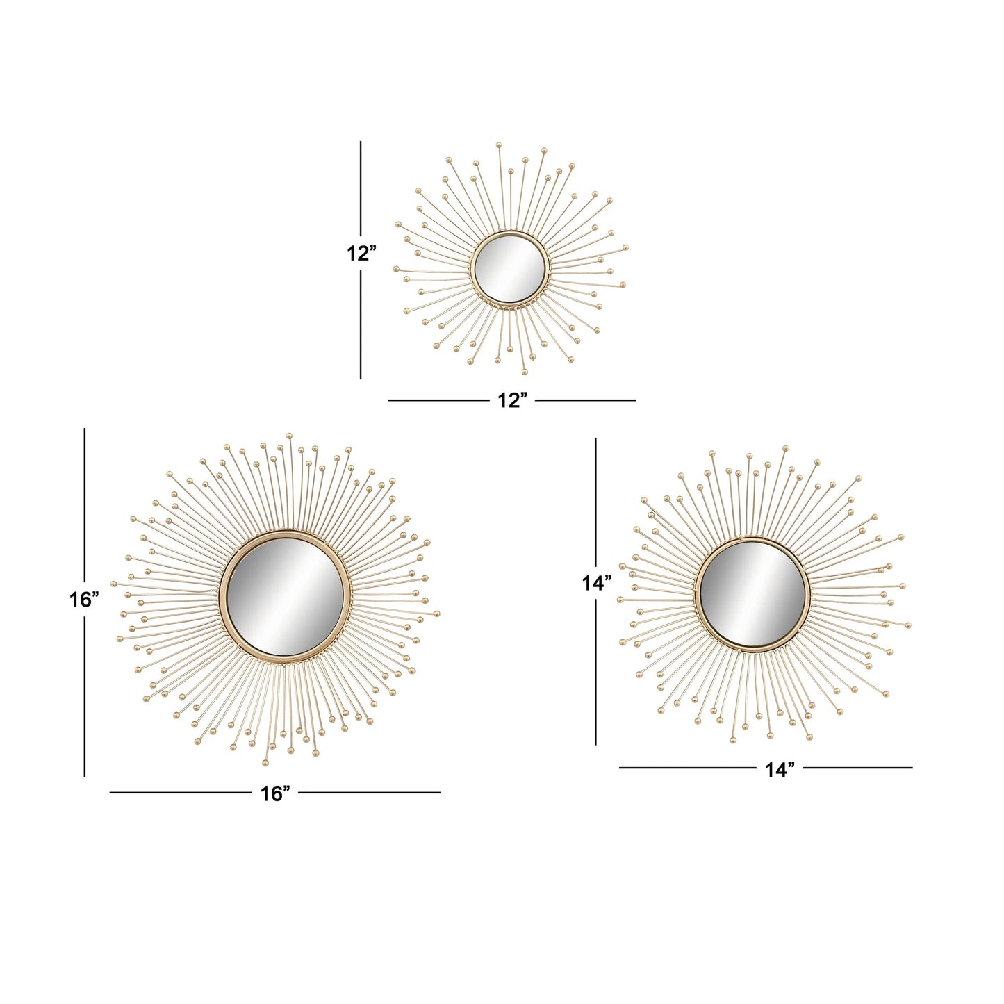 16", 15", 12"D Gold Starburst Wall Mirror, Set of 3