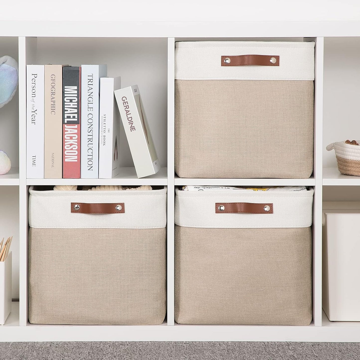Cube Storage Baskets for Shelves Foldable Storage Baskets(3 Pack) Cube Storage Bin,13 Inch Storage Basket for Organizing with Leather Handles for Toys, Clothes, Kids, Closet (White&Beige)