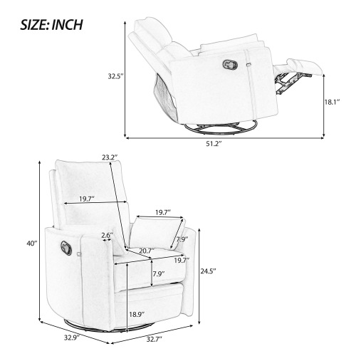 Upholstered Swivel Recliner Manual Rocker Recliner Chair Baby Nursery Chair with Two Removable Pillows for Living Room
