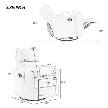 Upholstered Swivel Recliner Manual Rocker Recliner Chair Baby Nursery Chair with Two Removable Pillows for Living Room