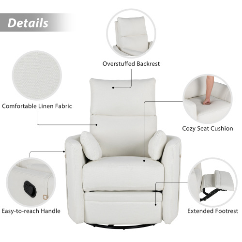 Upholstered Swivel Recliner Manual Rocker Recliner Chair Baby Nursery Chair with Two Removable Pillows for Living Room