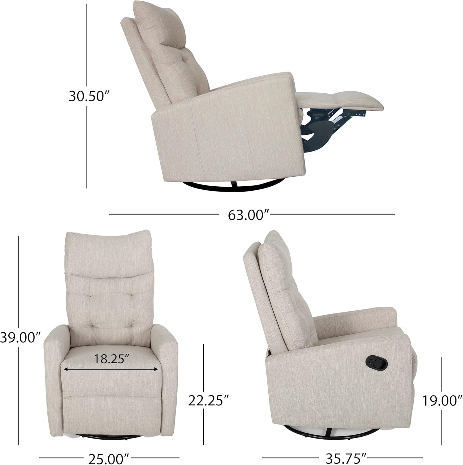 Christopher Knight Home Ishtar Glider Swivel Push Back Nursery Recliner, 35.75D X 25W X 39H In, Beige, Black