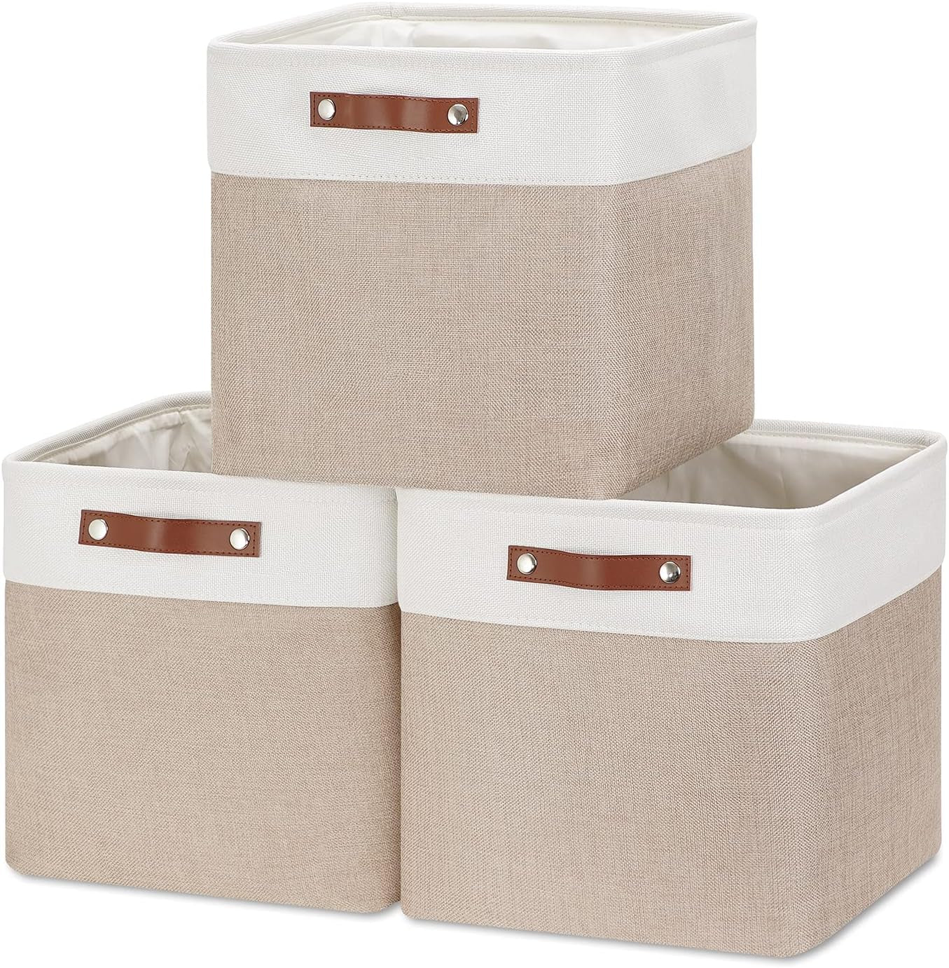 Cube Storage Baskets for Shelves Foldable Storage Baskets(3 Pack) Cube Storage Bin,13 Inch Storage Basket for Organizing with Leather Handles for Toys, Clothes, Kids, Closet (White&Beige)
