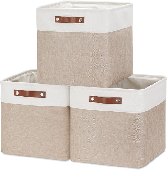 Cube Storage Baskets for Shelves Foldable Storage Baskets(3 Pack) Cube Storage Bin,13 Inch Storage Basket for Organizing with Leather Handles for Toys, Clothes, Kids, Closet (White&Beige)