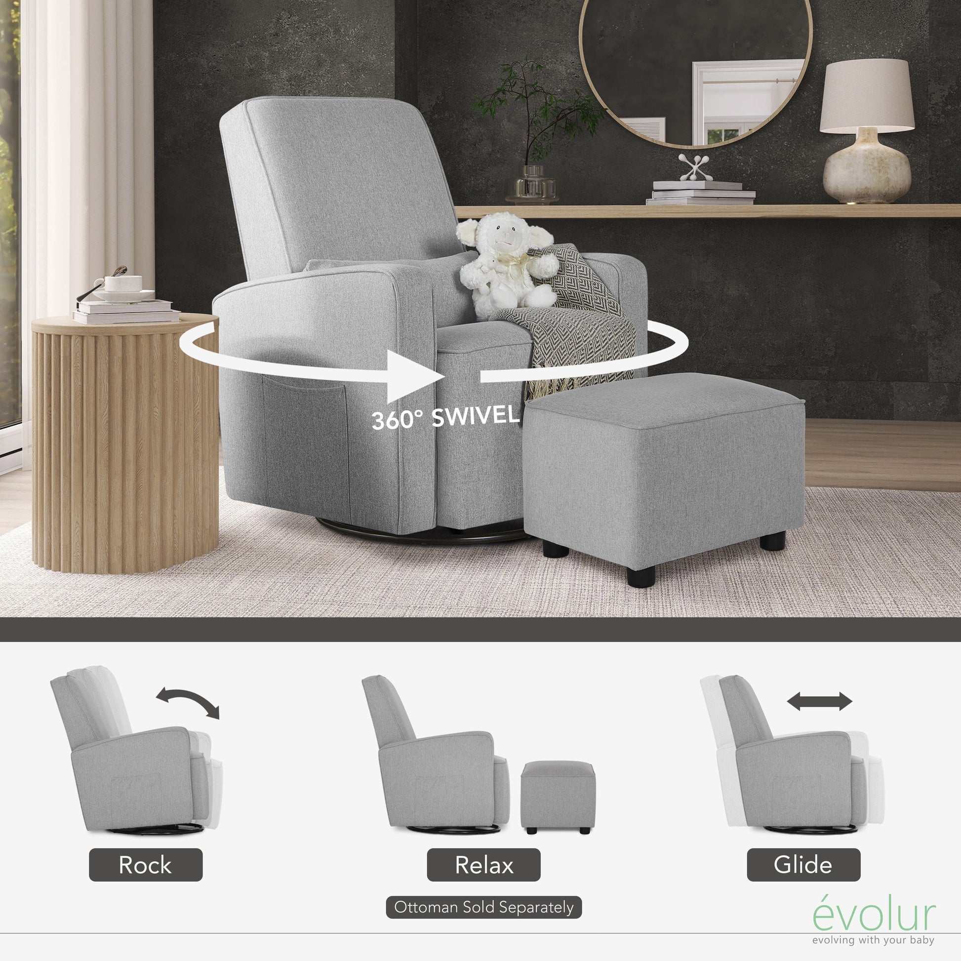 Holland Upholstered Swivel Glider | Rocker I Included Lumbar Pillow I Modern Design, Luxe Grey