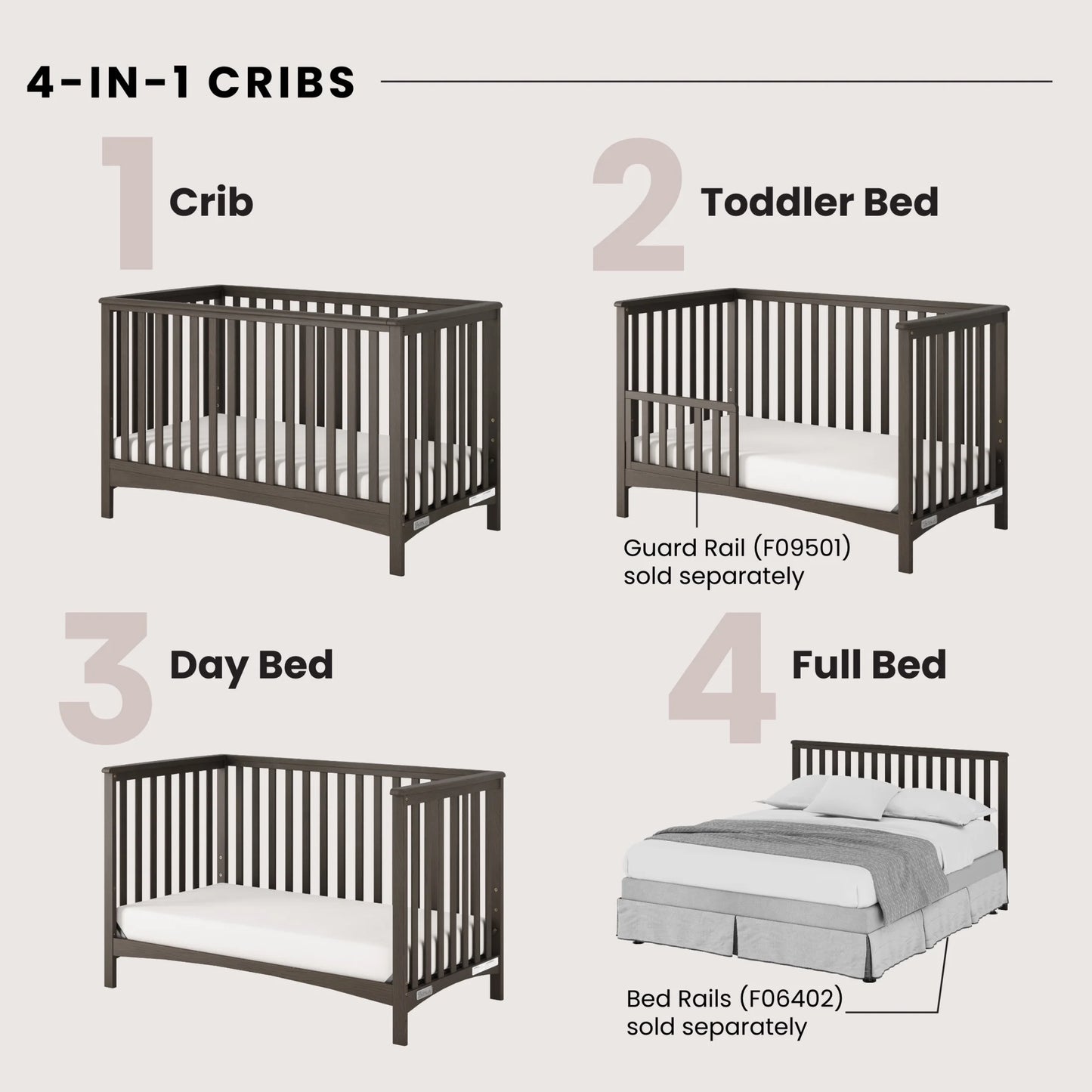 London 4-In-1 Convertible Crib, Euro Arch Design, 3 Mattress Heights, Dapper Gray