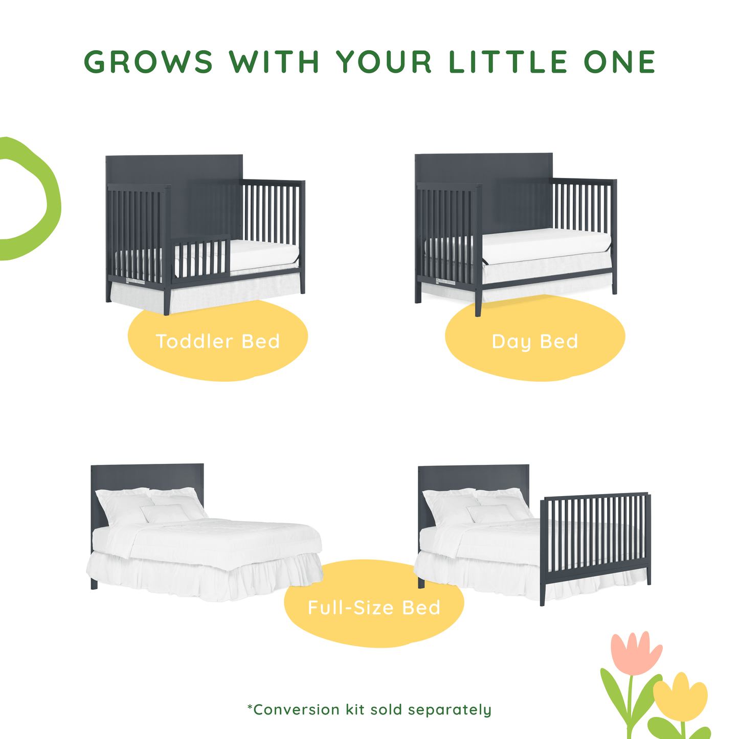 Sedona 3-In-1 Convertible Crib, New Zealand Pinewood, Non-Toxic Finish, Carbon