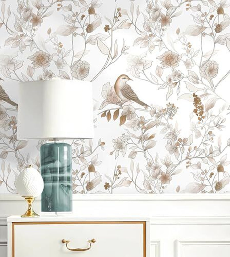Peel and Stick Wallpaper, 17.3''X78.7'' Floral Bird 17.3" X 78.7" Brown