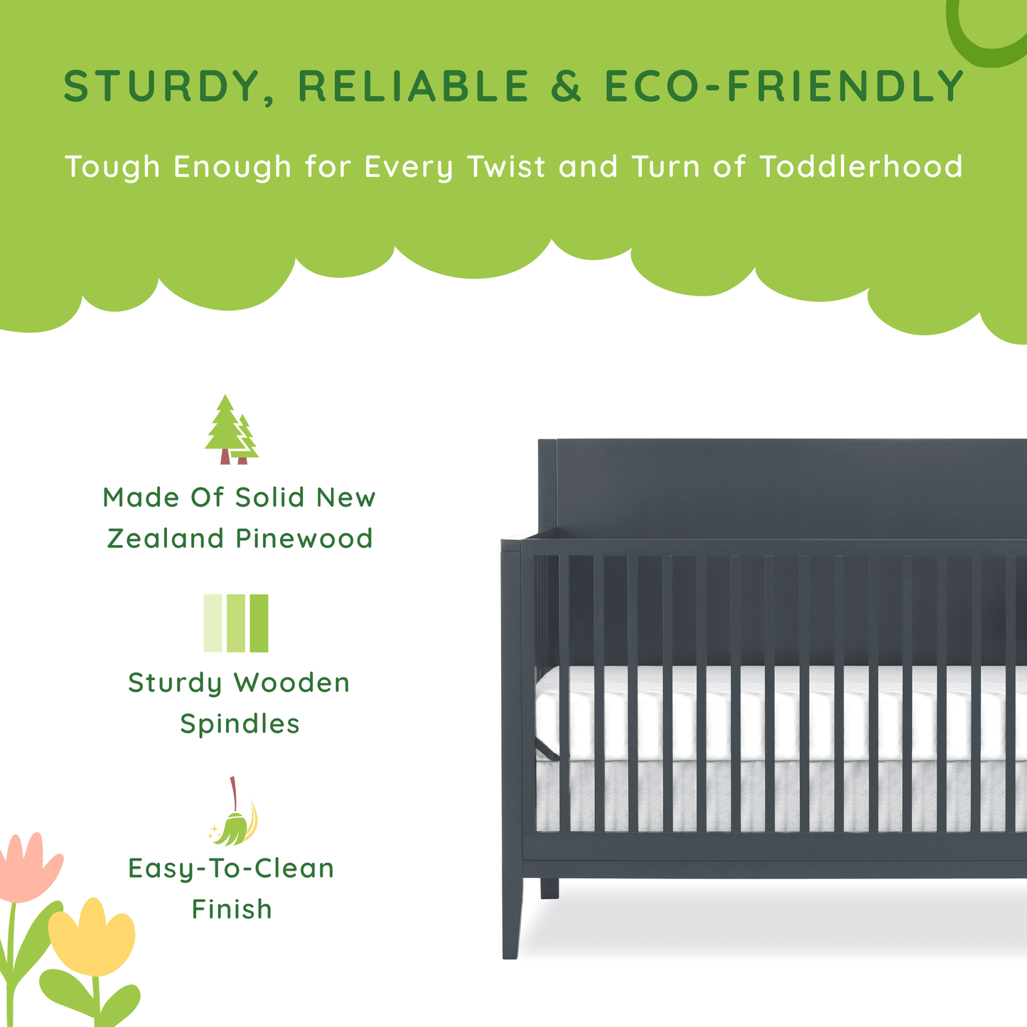 Sedona 3-In-1 Convertible Crib, New Zealand Pinewood, Non-Toxic Finish, Carbon