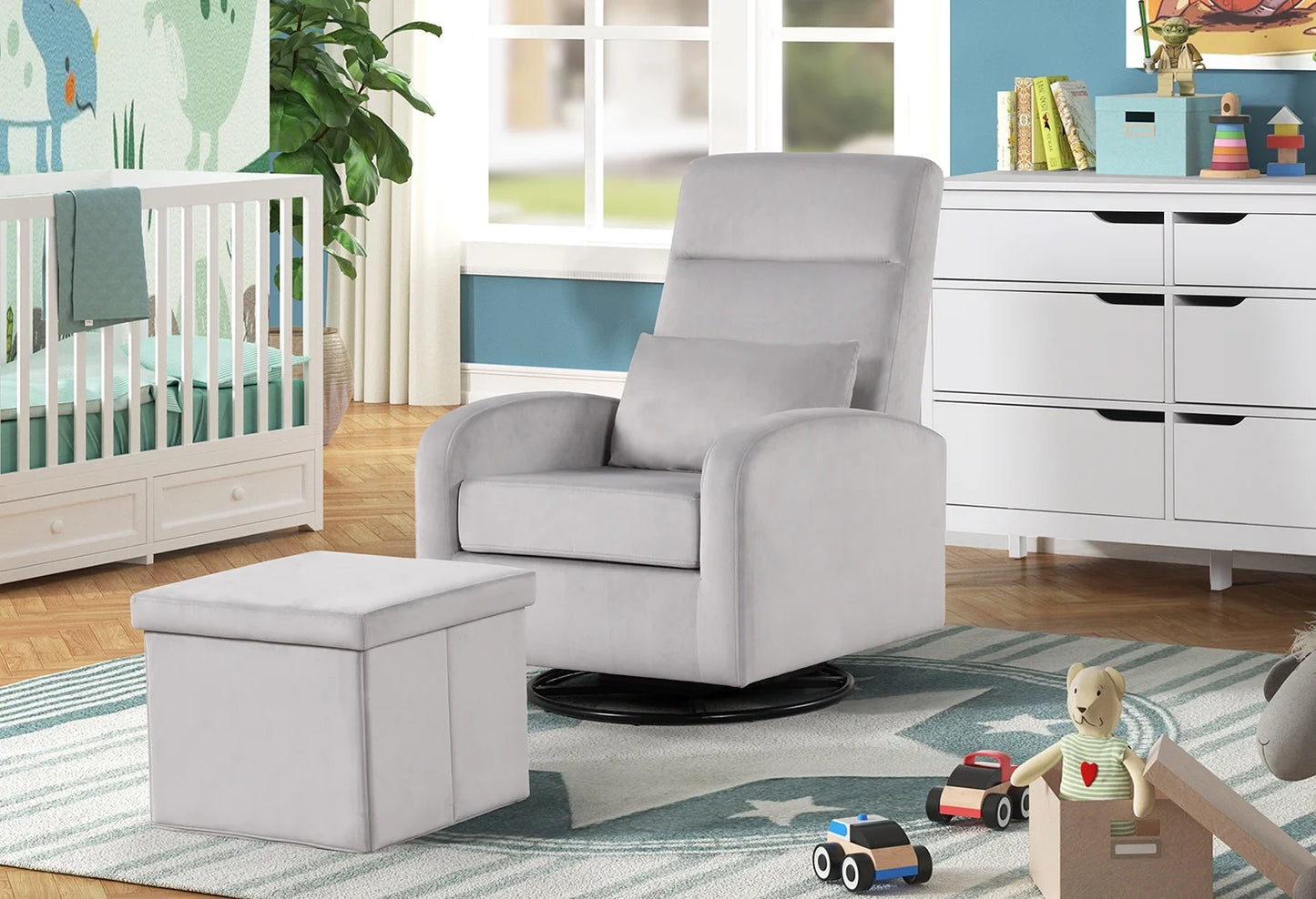 Sonia Upholstered Swivel Glider W/ Storage Ottoman, Grey