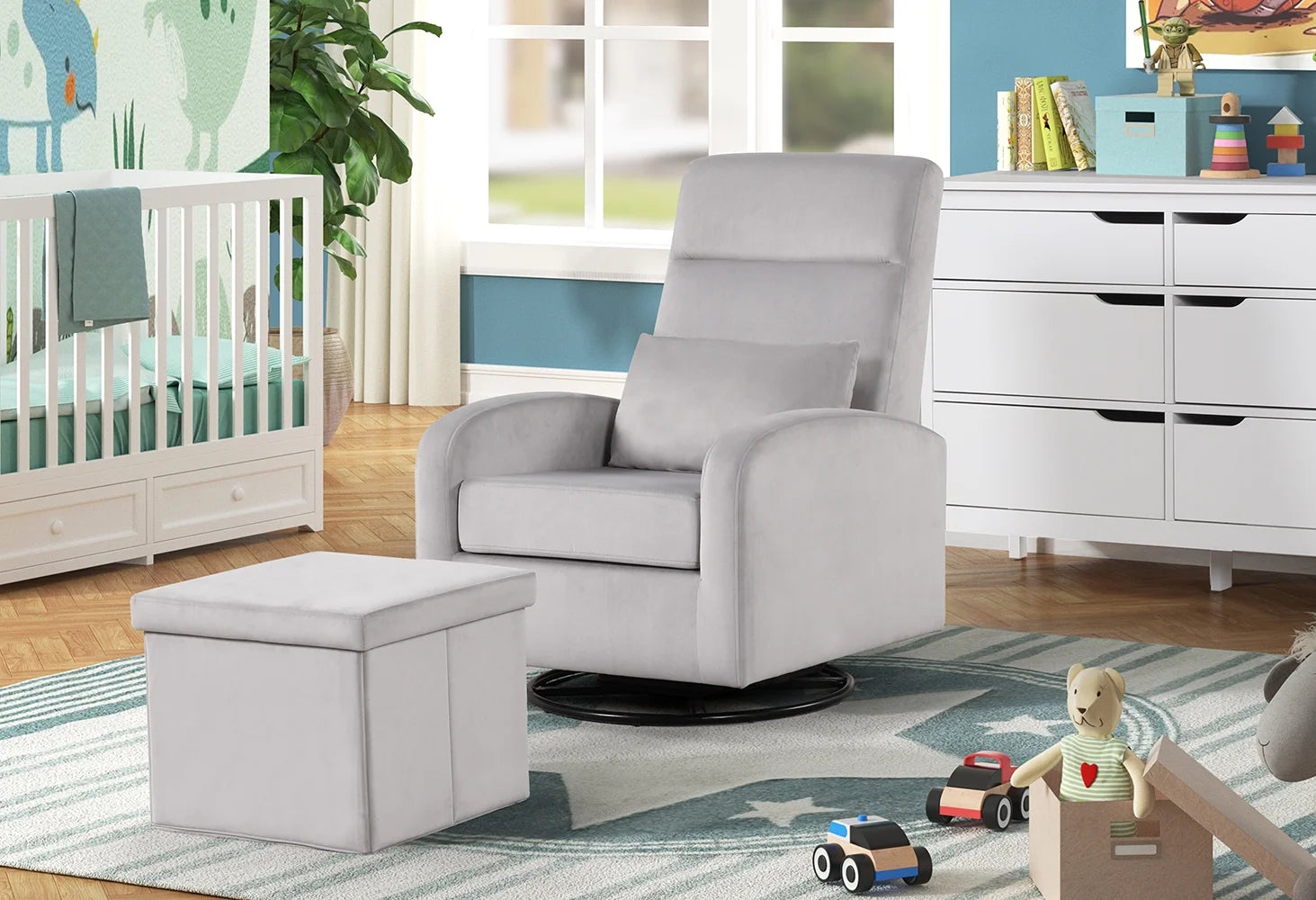 Sonia Upholstered Swivel Glider W/ Storage Ottoman, Grey