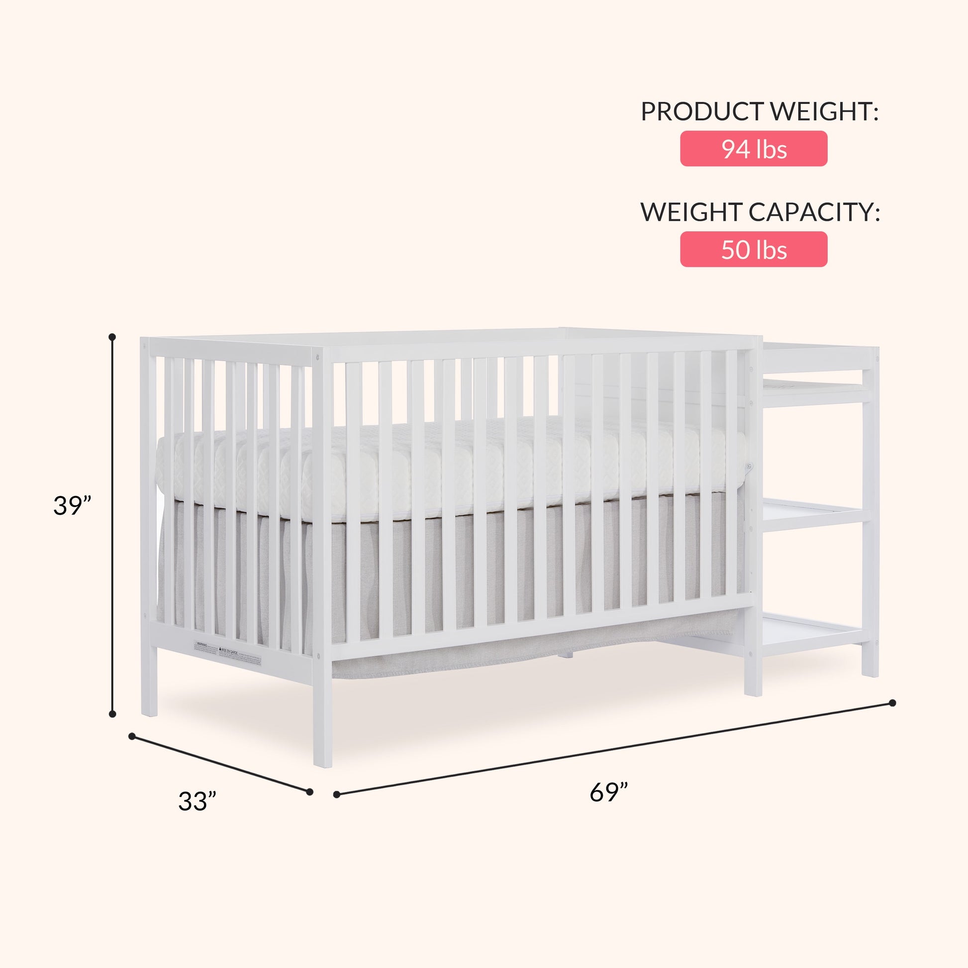 Synergy Convertible Baby Crib and Changer in White with Detachable Changing Table