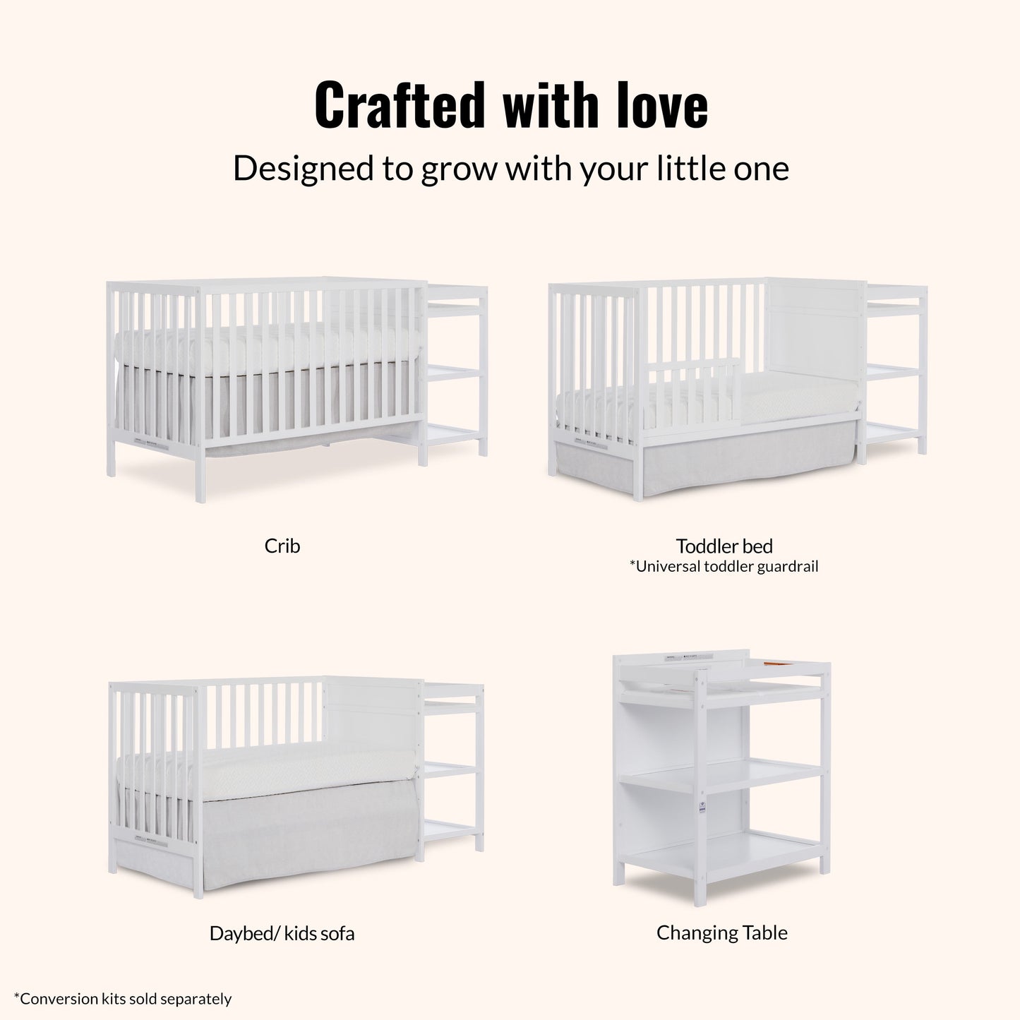 Synergy Convertible Baby Crib and Changer in White with Detachable Changing Table