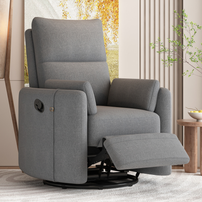Upholstered Swivel Recliner Manual Rocker Recliner Chair Baby Nursery Chair with Two Removable Pillows for Living Room