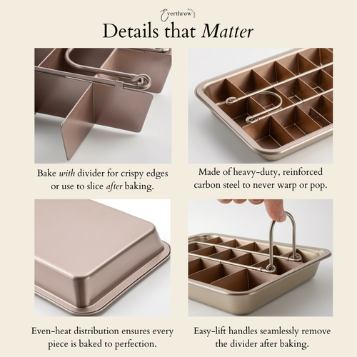 Signature Nonstick Brownie Pan: Gold Baking Pan with Removable Divider for 18 Pre-Sliced All-Edge Brownies