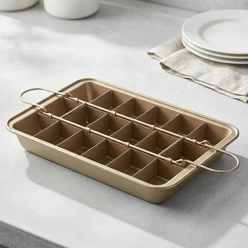 Signature Nonstick Brownie Pan: Gold Baking Pan with Removable Divider for 18 Pre-Sliced All-Edge Brownies