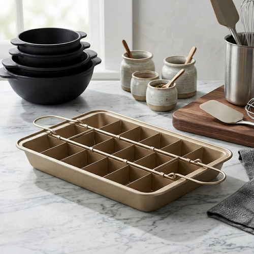 Signature Nonstick Brownie Pan: Gold Baking Pan with Removable Divider for 18 Pre-Sliced All-Edge Brownies