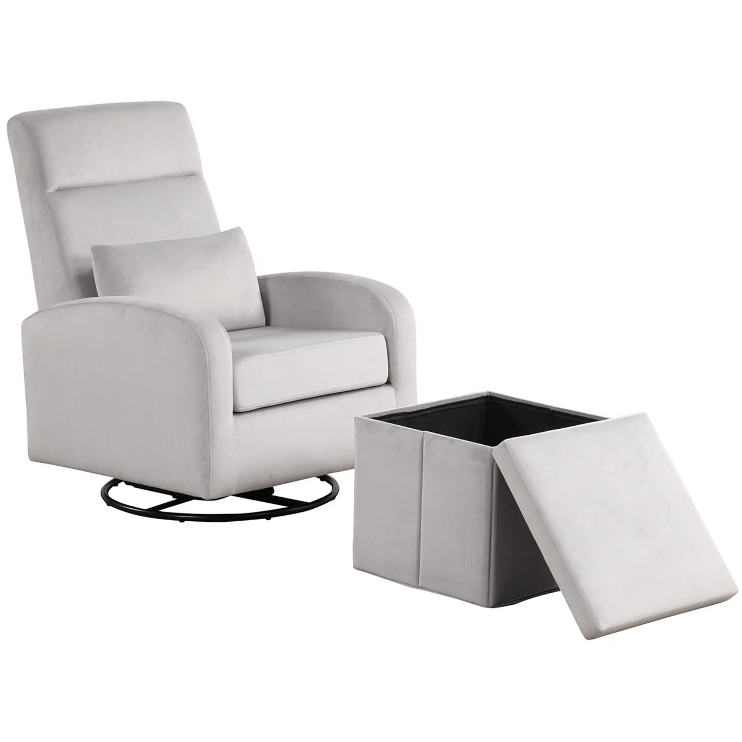 Sonia Upholstered Swivel Glider W/ Storage Ottoman, Grey