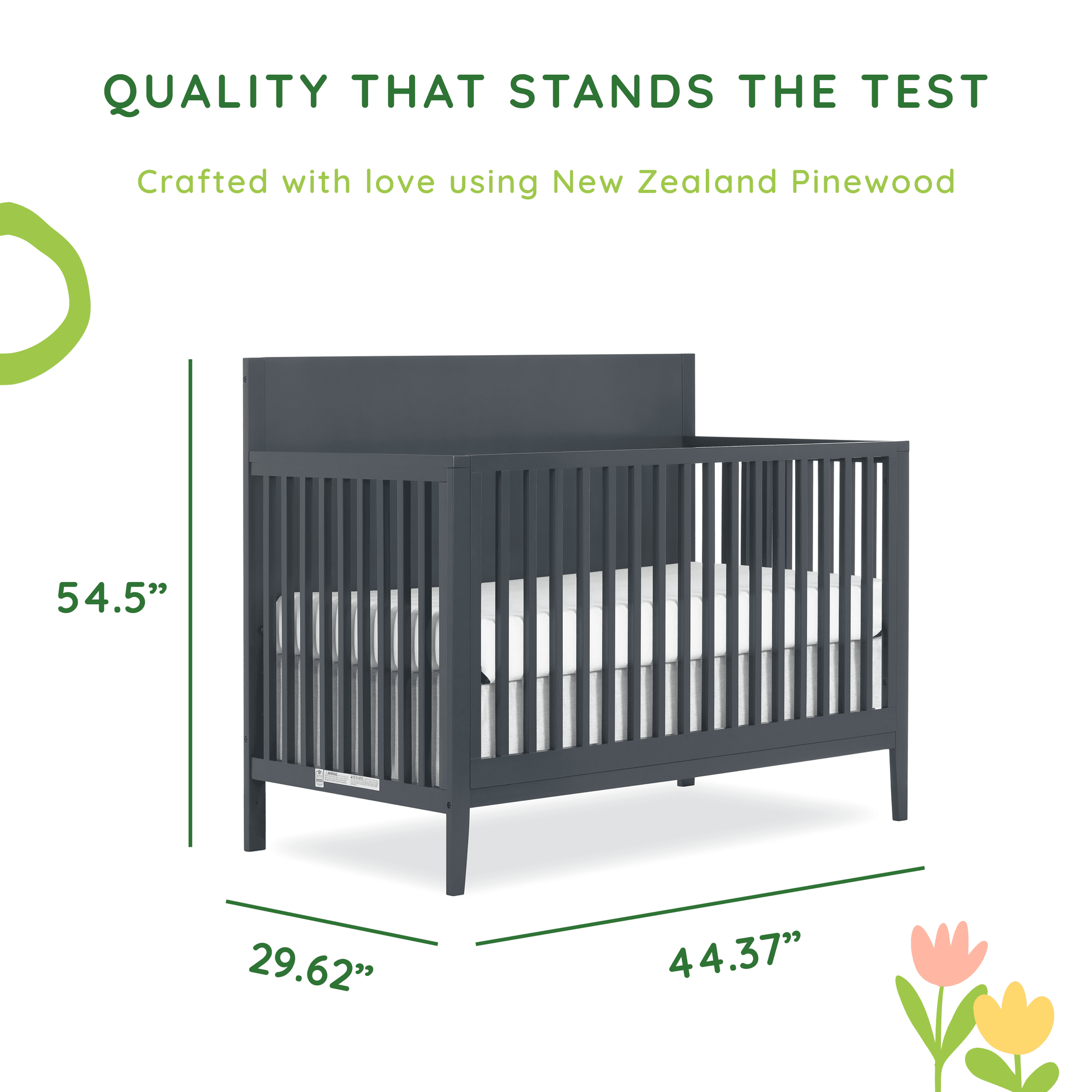 Sedona 3-In-1 Convertible Crib, New Zealand Pinewood, Non-Toxic Finish, Carbon