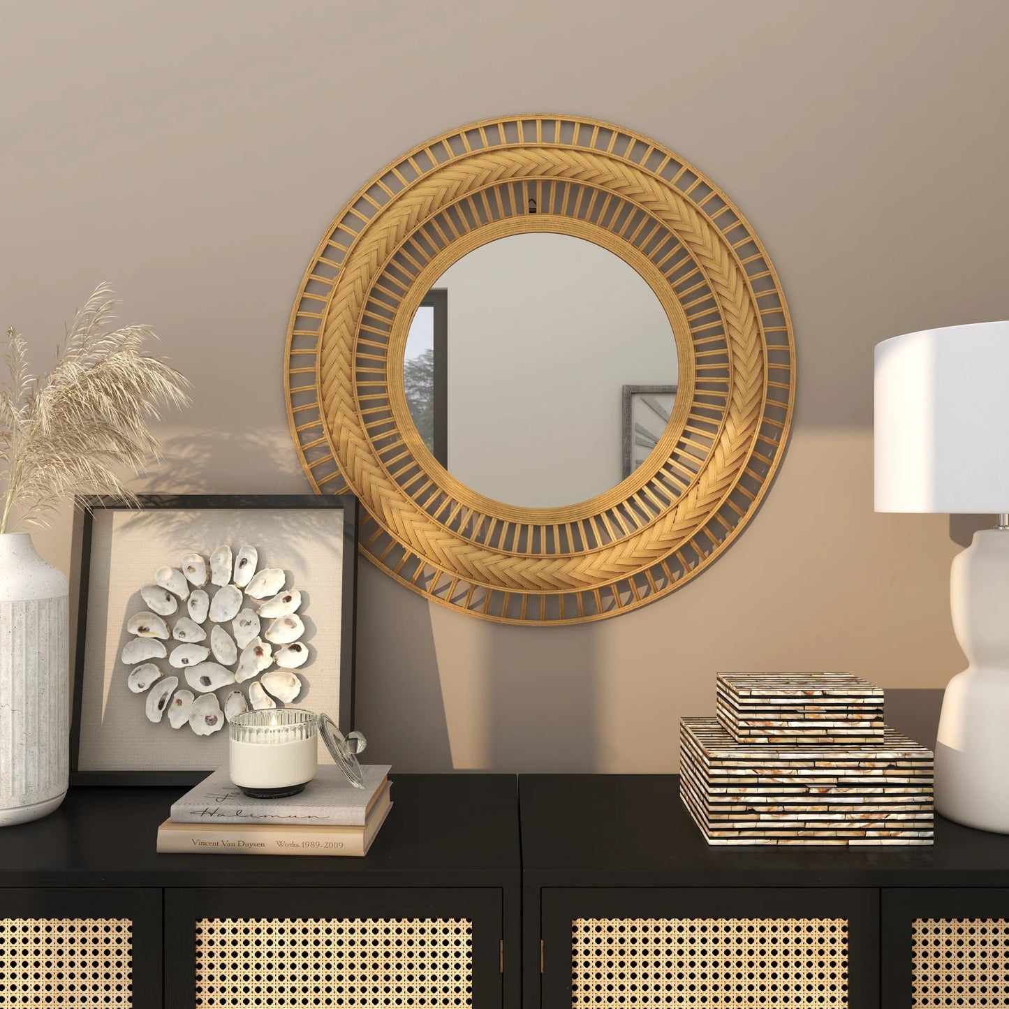 36" X 36" Brown Handmade Open Frame Woven Wall Mirror