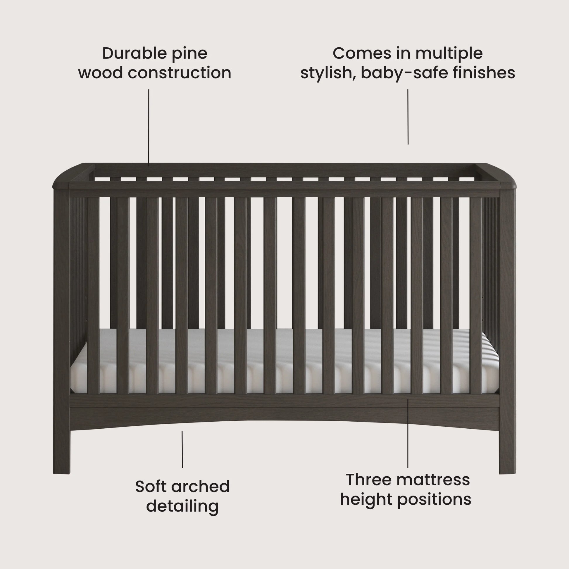 London 4-In-1 Convertible Crib, Euro Arch Design, 3 Mattress Heights, Dapper Gray