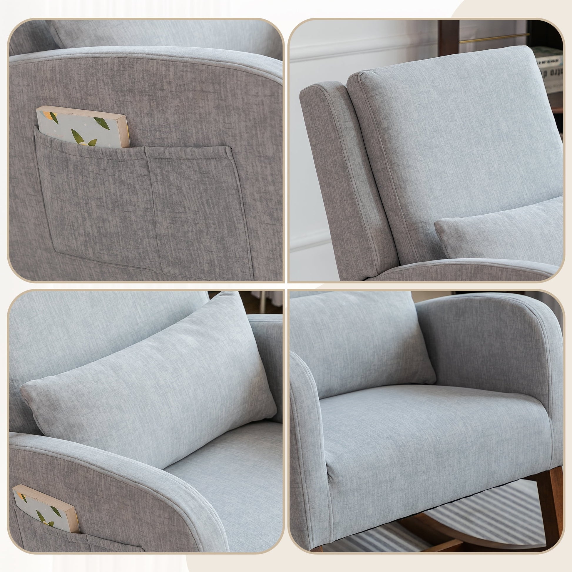 Grey Upholstered Modern Glider Rocking Chair with Pillow and High Back Padded Seat