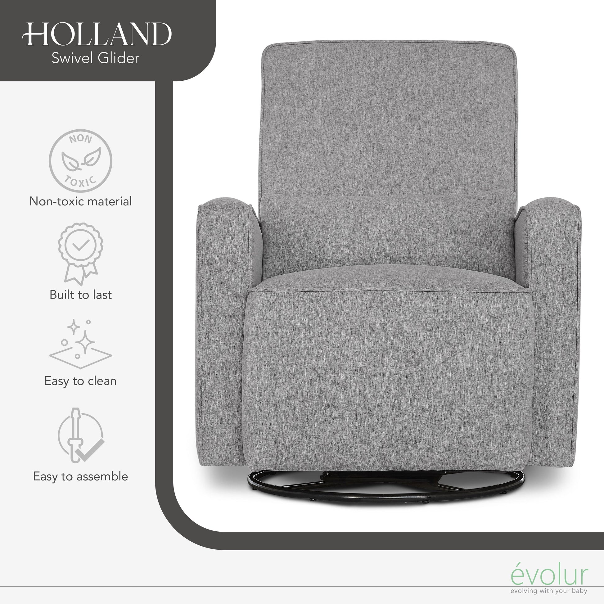 Holland Upholstered Swivel Glider | Rocker I Included Lumbar Pillow I Modern Design, Luxe Grey