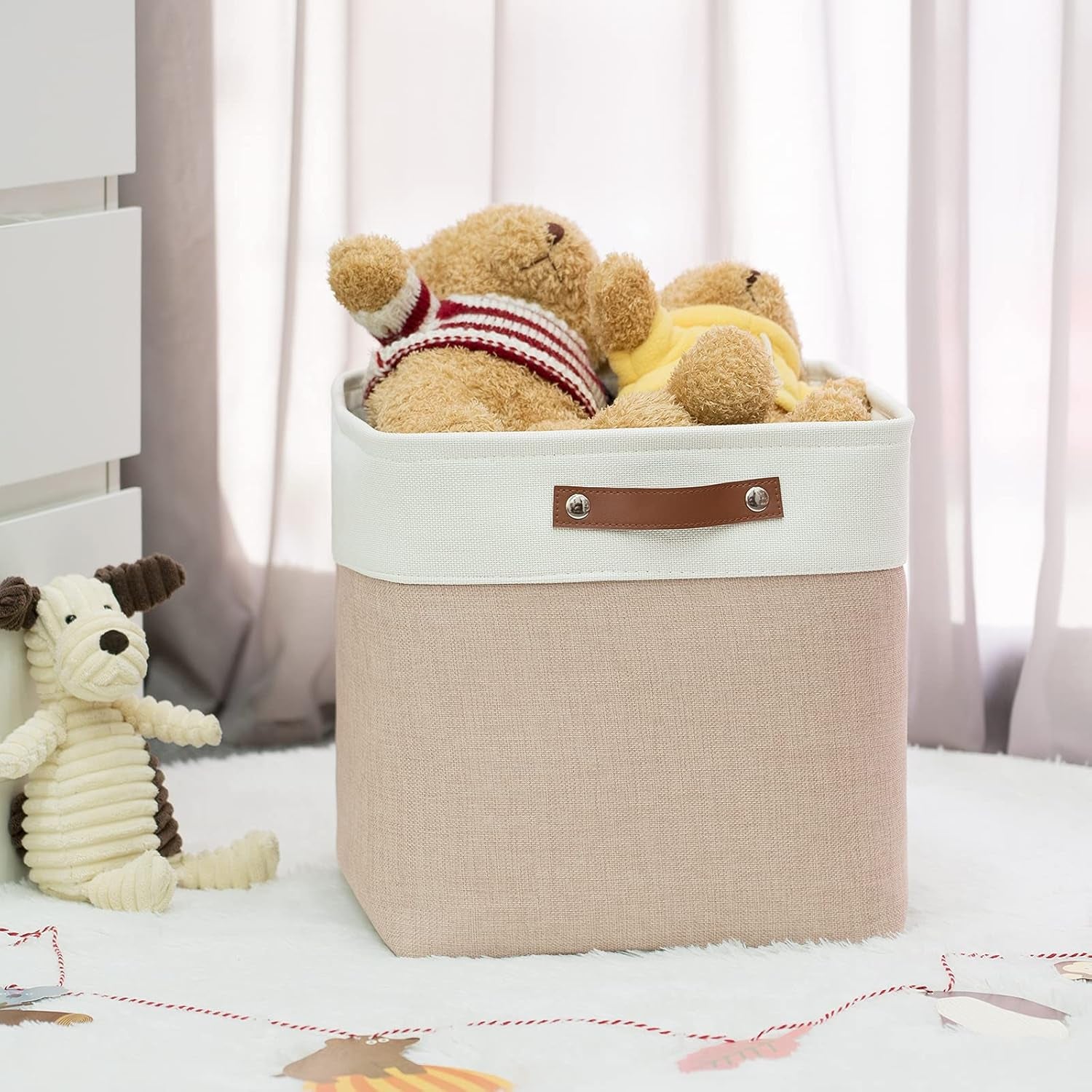 Cube Storage Baskets for Shelves Foldable Storage Baskets(3 Pack) Cube Storage Bin,13 Inch Storage Basket for Organizing with Leather Handles for Toys, Clothes, Kids, Closet (White&Beige)