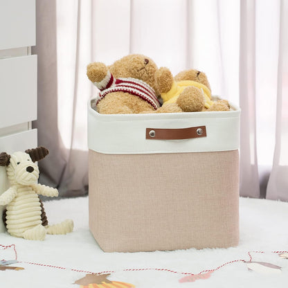 Cube Storage Baskets for Shelves Foldable Storage Baskets(3 Pack) Cube Storage Bin,13 Inch Storage Basket for Organizing with Leather Handles for Toys, Clothes, Kids, Closet (White&Beige)